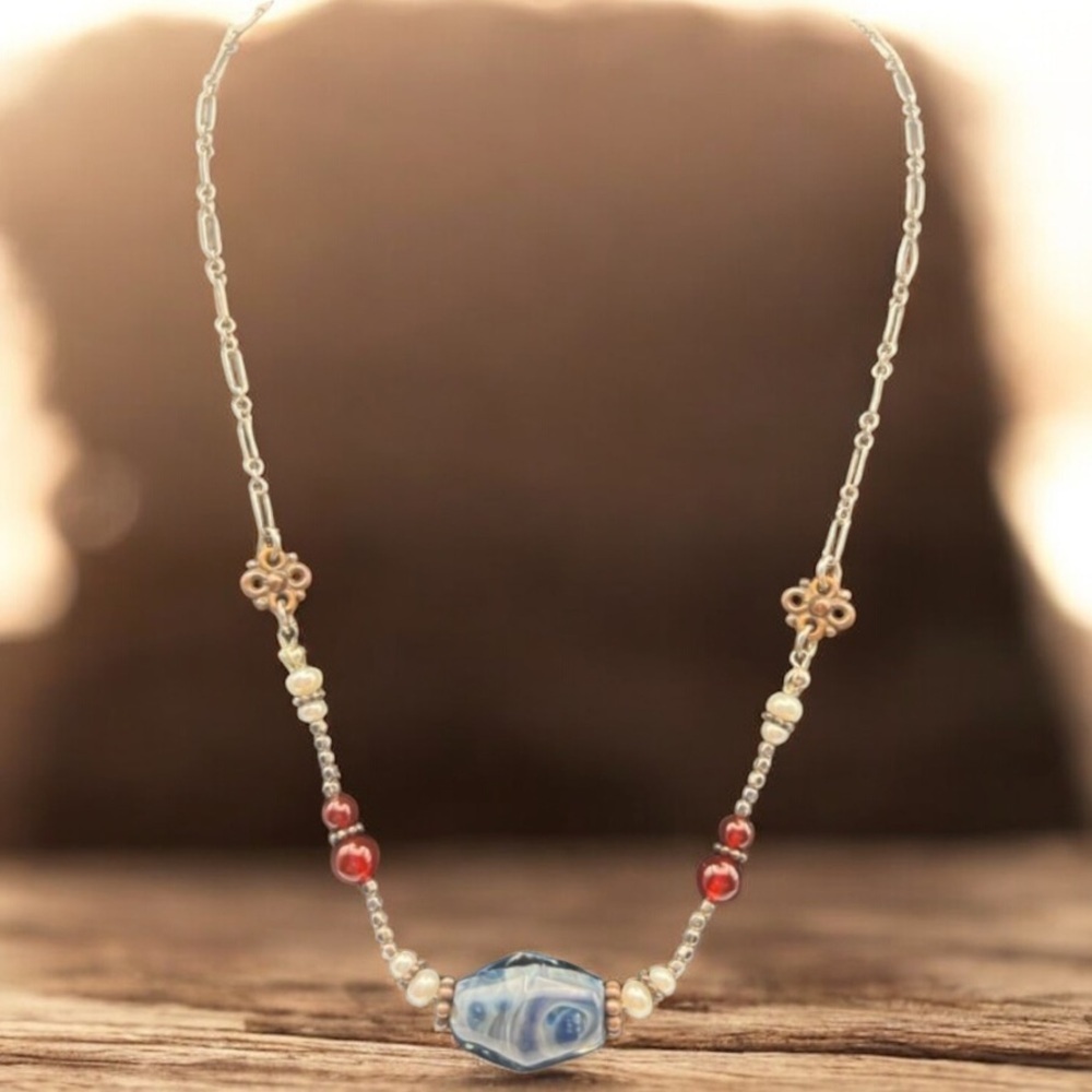 Vintage sterling silver 925 Elegant Blue and Red Beaded Necklace